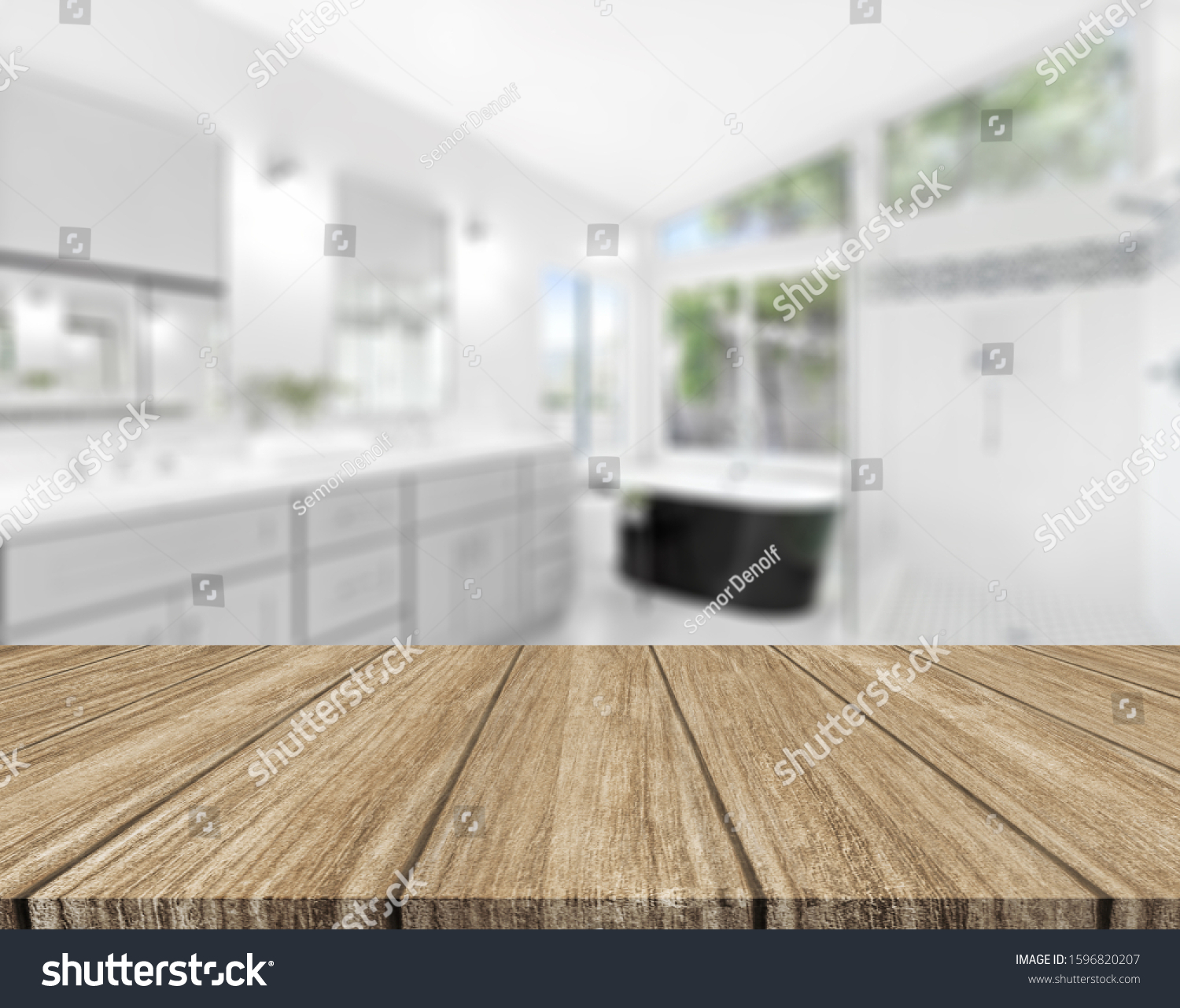 Wood tabletop on blur bathroom background, design key visual layout #1596820207