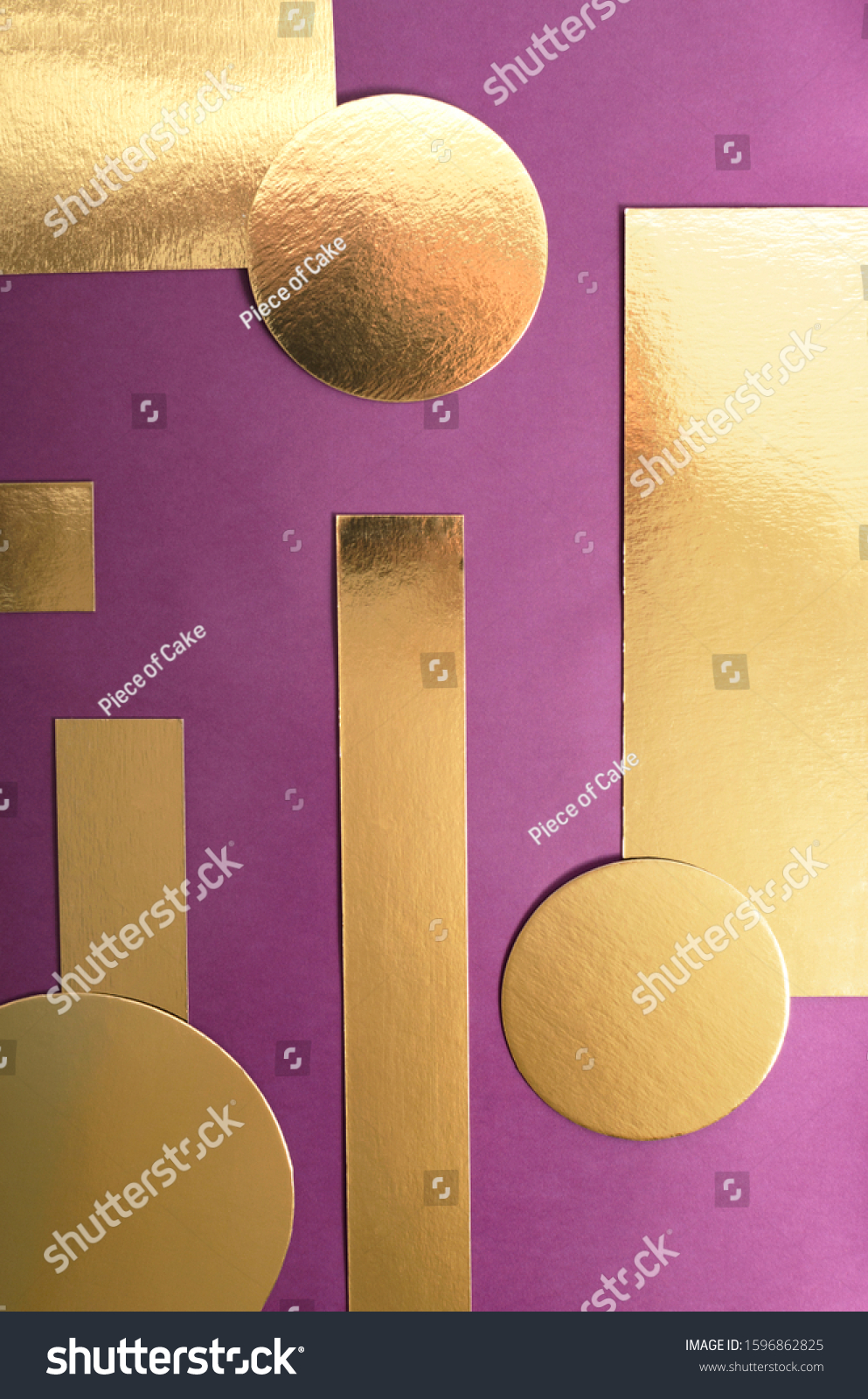 Top view of golden colored circles, rectangles on the purple surface.Empty space for design, products or text #1596862825