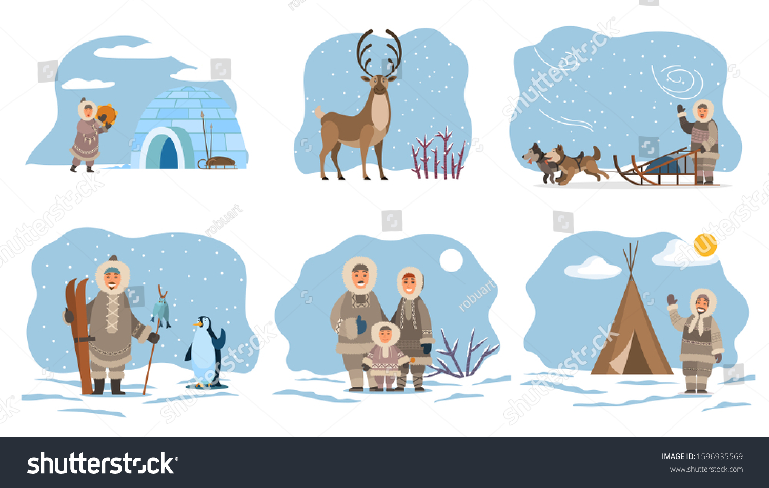 Collection of eskimos people by home made of ice. Igloo and inuit, male character with fish on stick and penguin. Deer with long horns, animal of north. Man with dogs on sleds, vector in flat #1596935569