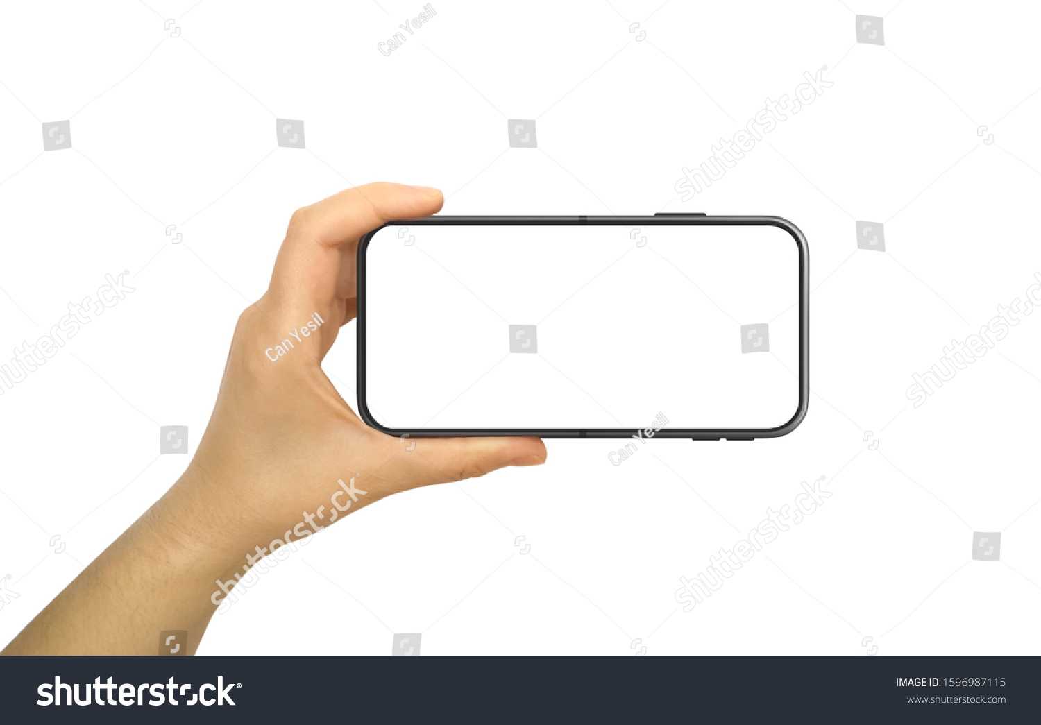 Hand Holding Horizontal Mobile Phone With Blank and White Screen #1596987115