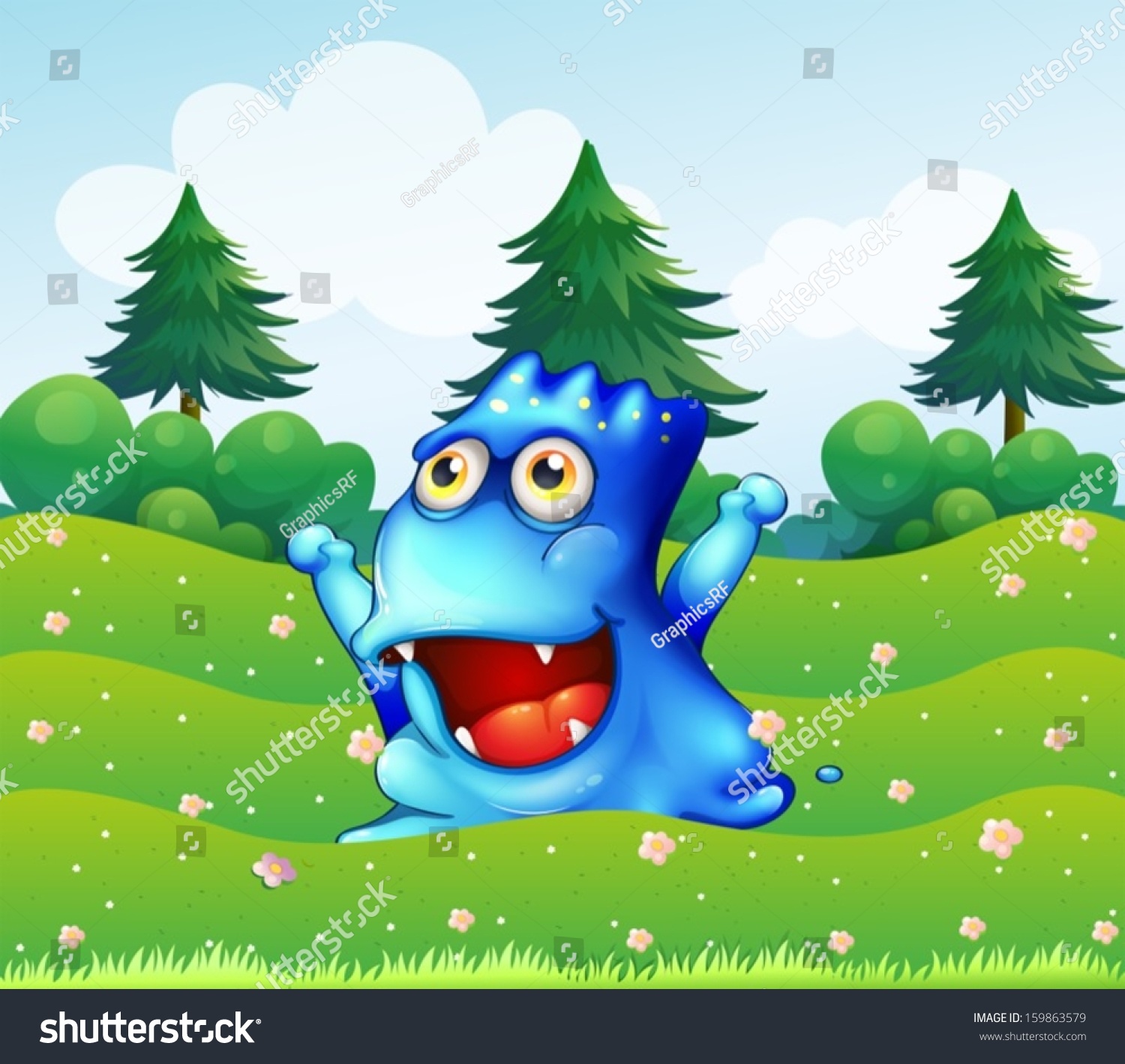 Illustration Of A Happy Blue Monster Near The Royalty Free Stock Vector 159863579 