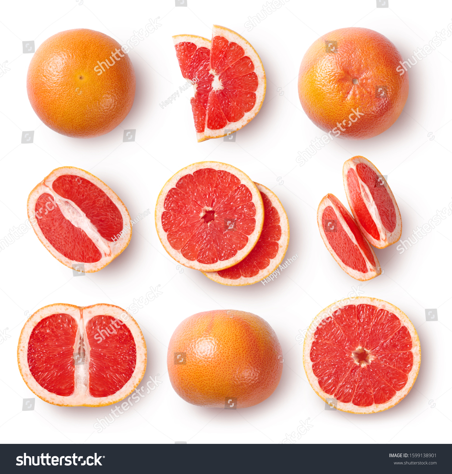 Whole and sliced grapefruits isolated on white background. Top view. #1599138901