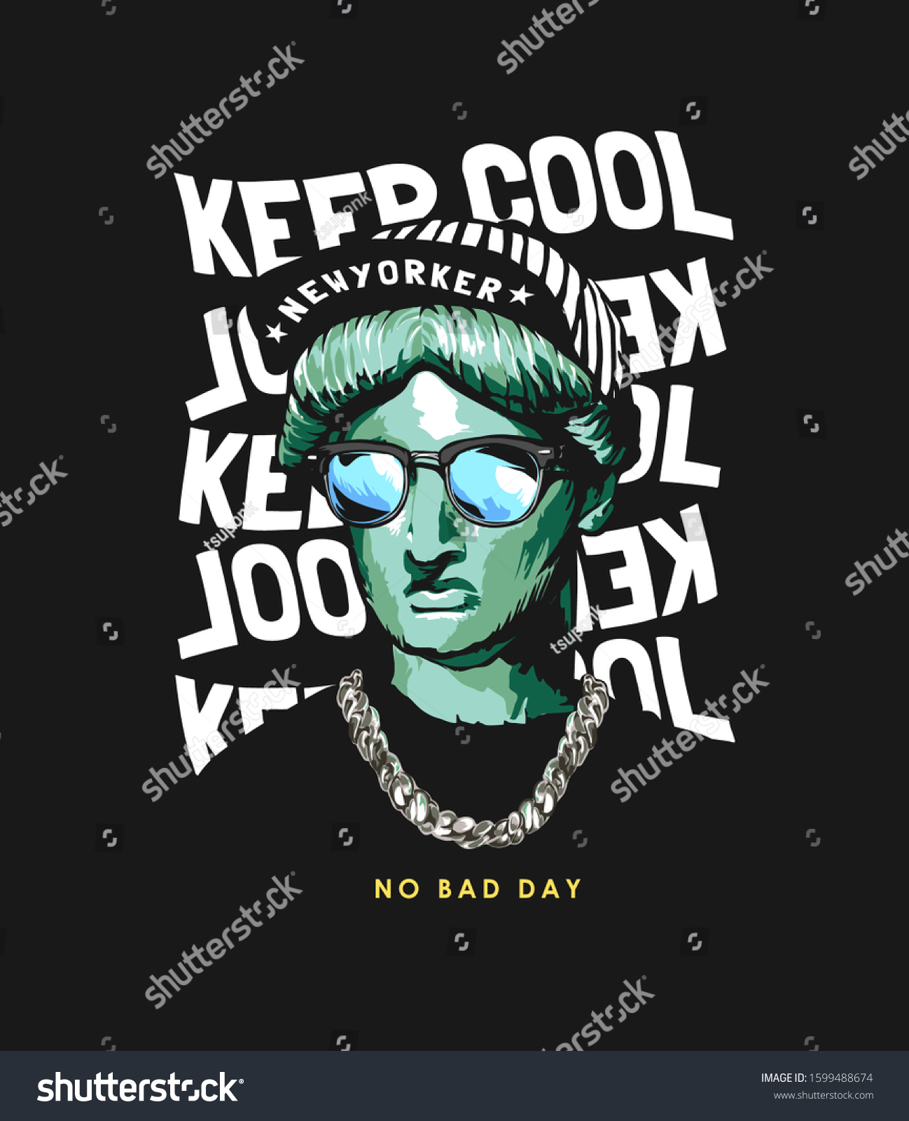 keep cool slogan with liberty statue in street fashion style illustration on black background #1599488674