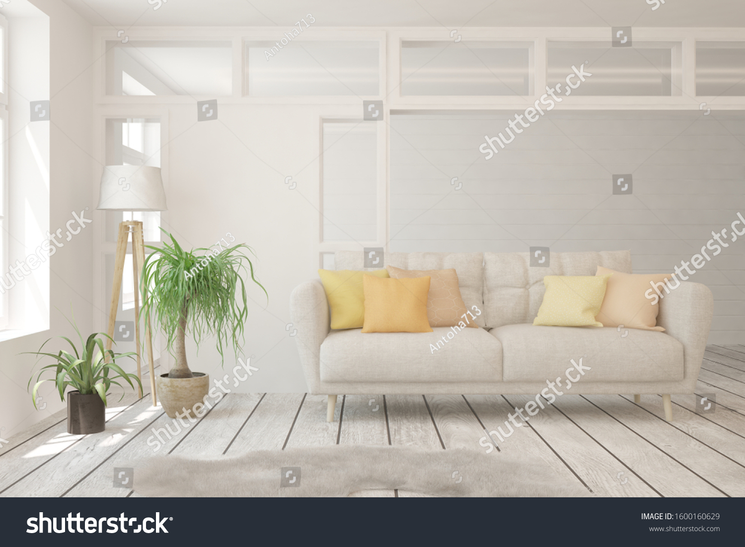 Stylish room in white color with sofa. Scandinavian interior design. 3D illustration #1600160629
