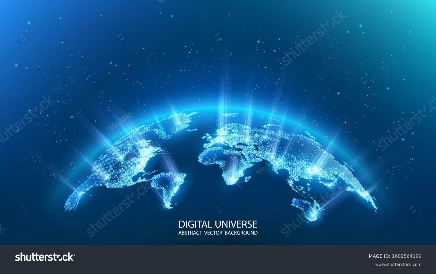 Map of the planet. Rays of energy.  World map. Global social network. Future. Vector. Blue futuristic background with planet Earth. Internet and technology. Floating blue plexus geometric background. #1602564199