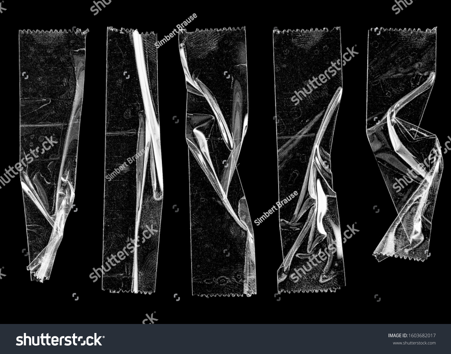 set of transparent adhesive tape or strips isolated on black background, crumpled plastic sticky snips, poster design overlays or elements.  #1603682017