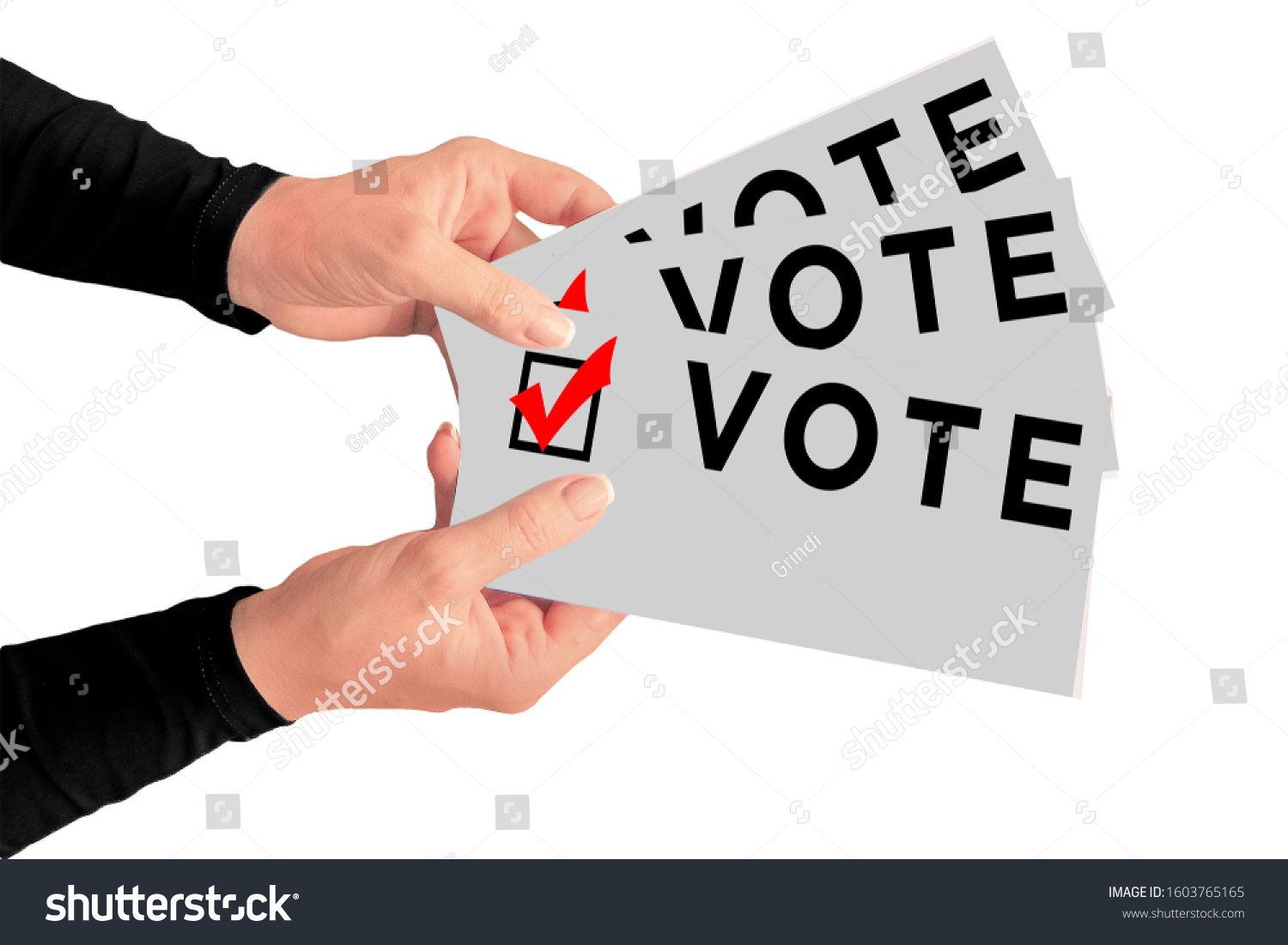 Election bills with text vote and checked box in hands of middle aged woman. Concept of presidential or parliamentary elections and people choice #1603765165