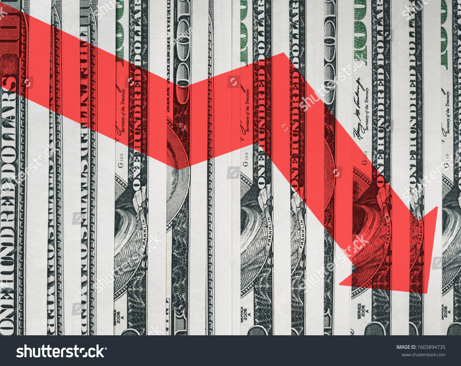 The light red arrow icon on a background of money. The concept of changing course of US dollar on the market. Devaluation, collapse, stagnation of the economy. #1603894735