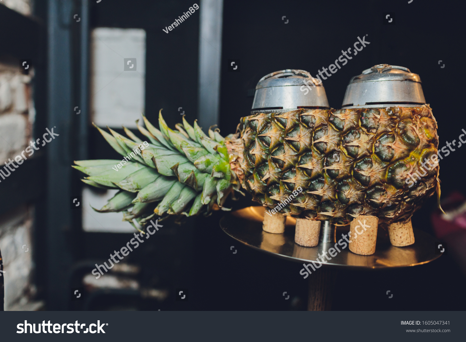 Luxury hookah with pineapple. Exotic bowl with fruit. Hookah lounge. Fruits and coals. Glamours relax. Narghile and water pipe. #1605047341