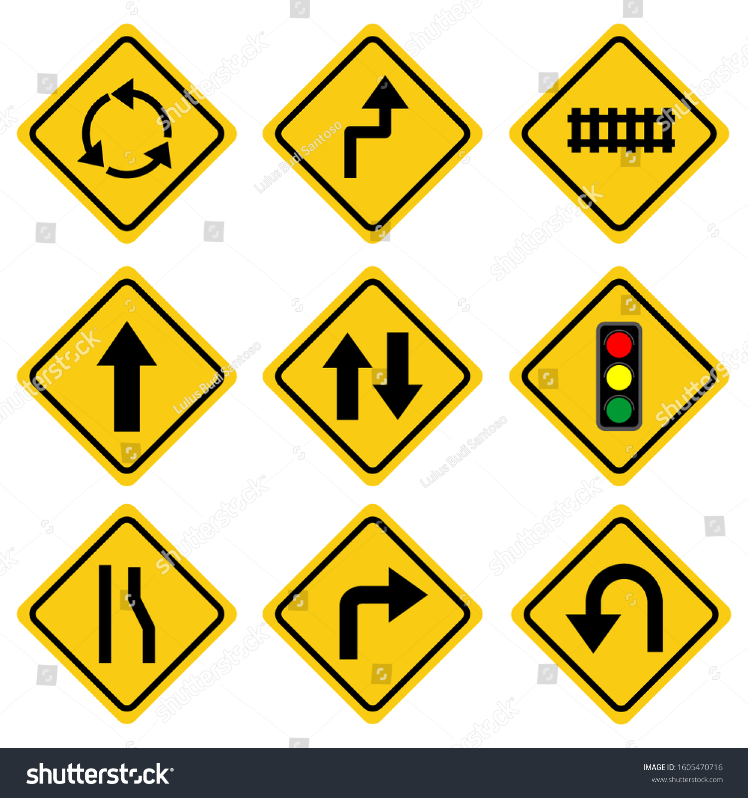 Yellow road signs, vector traffic signs arranged - Royalty Free Stock ...