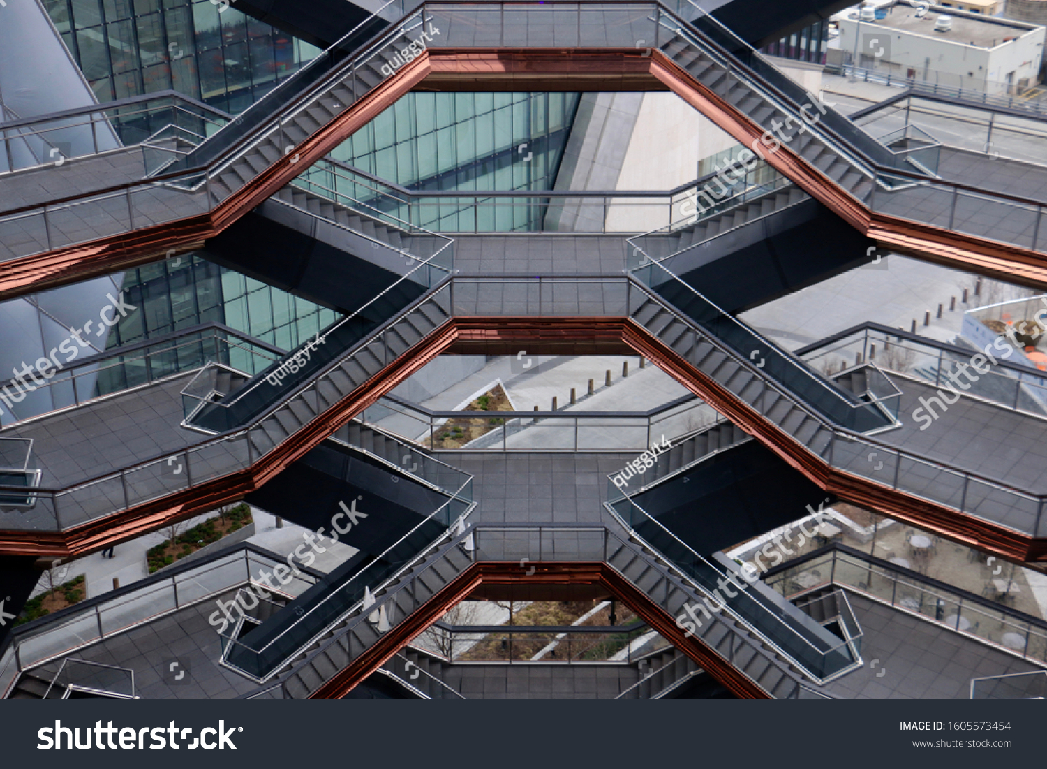 New York, NY - January 1 2020: View of the stairways inside the Thomas Heatherwick designed Vessel sculpture at Hudson Yards #1605573454