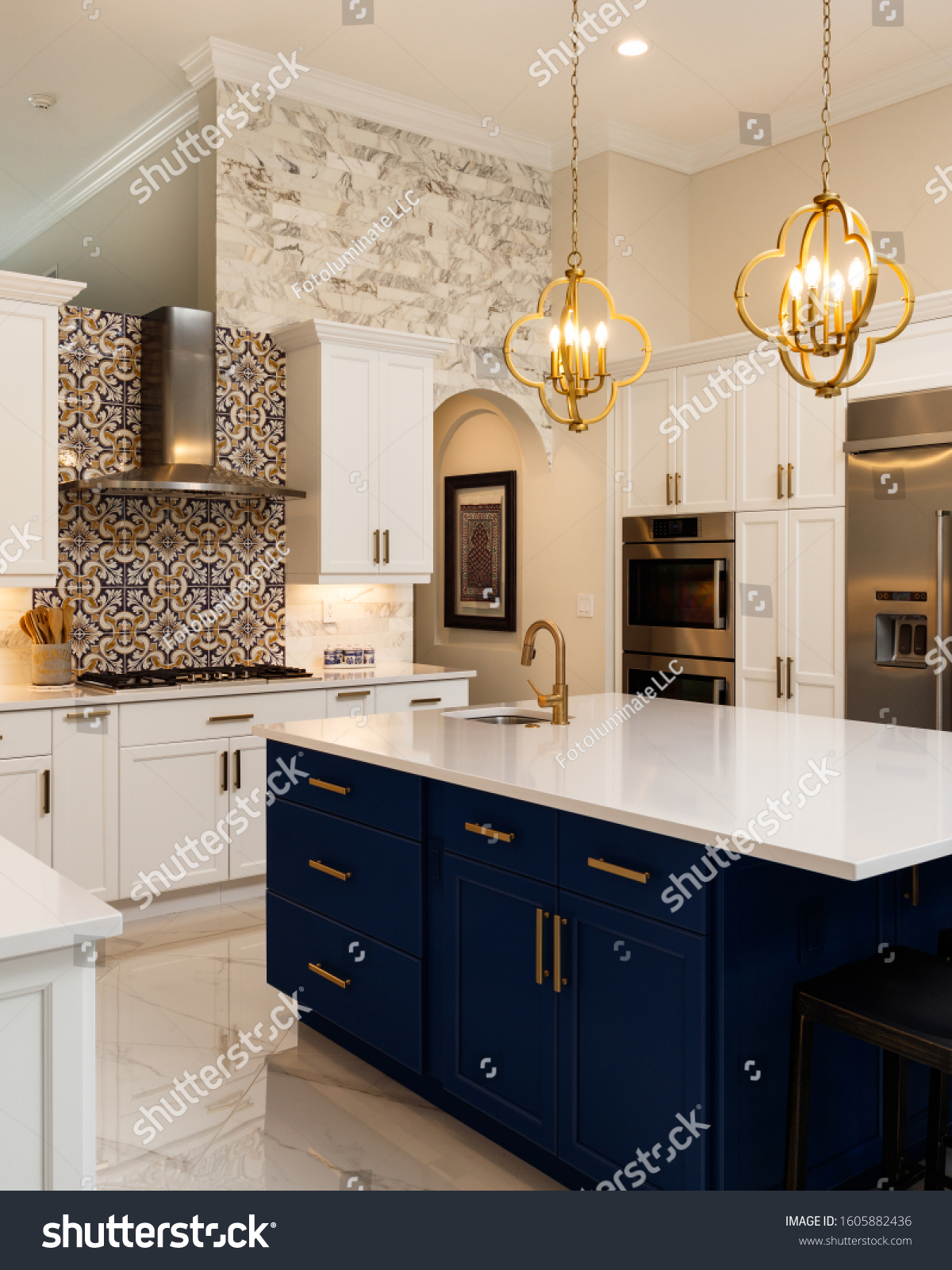 Beautiful luxury home kitchen with white cabinets. #1605882436