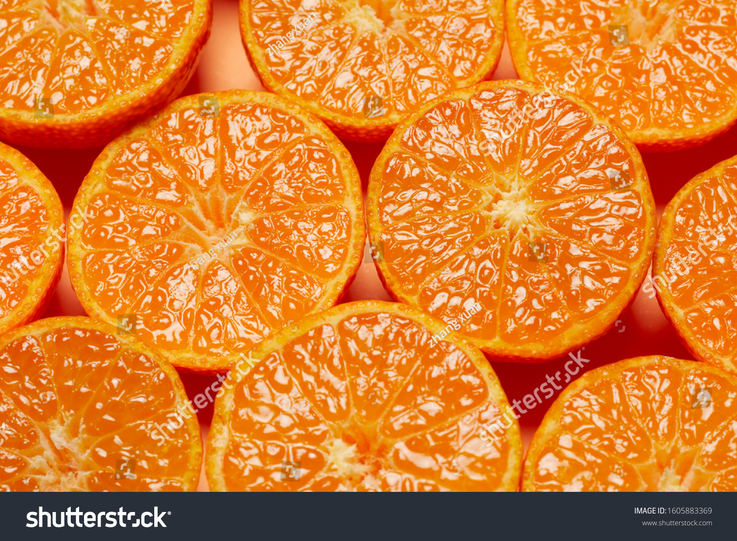 Slices of fresh oranges as a background, top view.  #1605883369