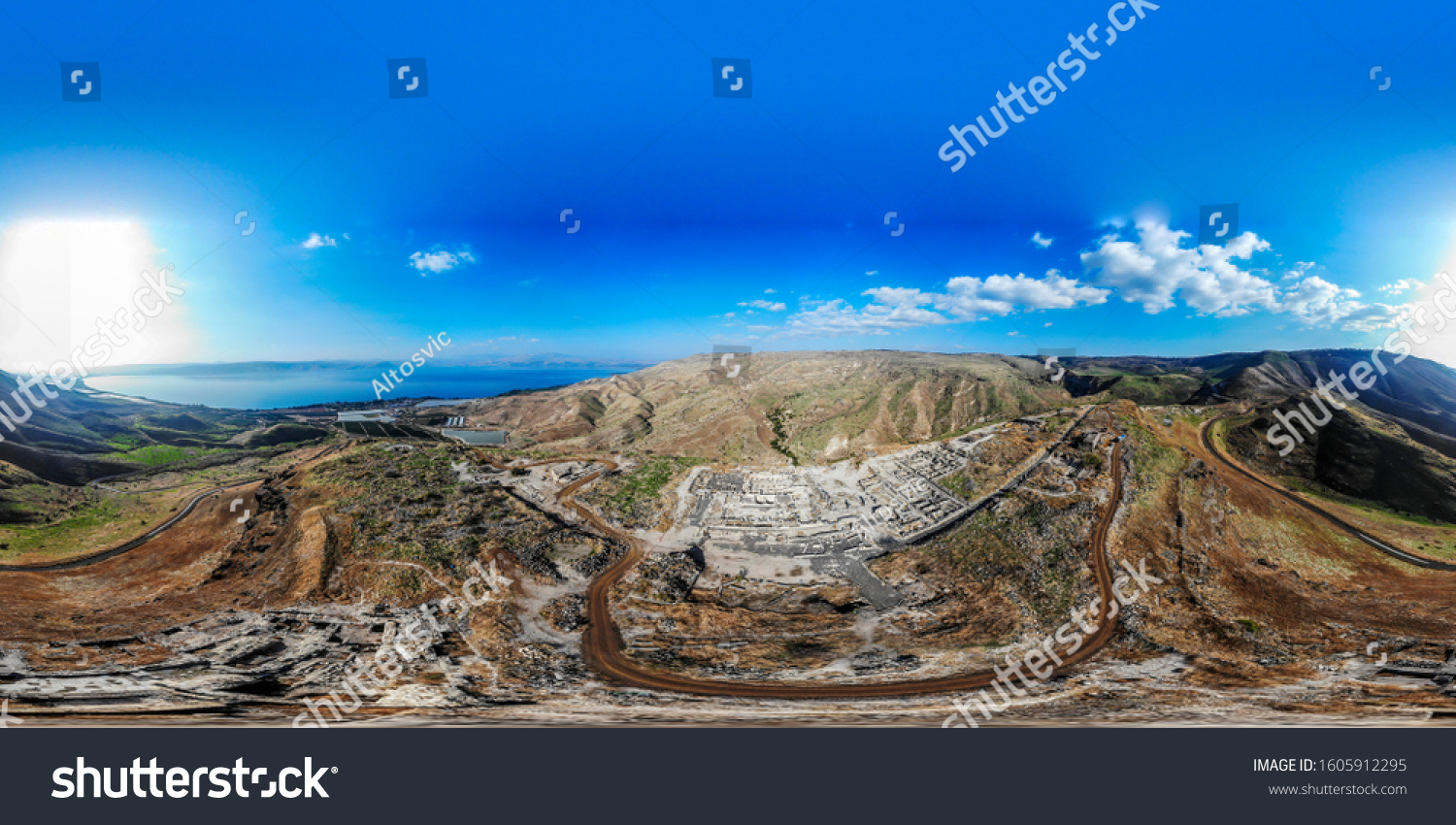 The ancient city of Hippos-Sussita of the Decapolis (Antiochia Hippos) is located 2 km. east of the
Sea of Galilee, on the top of a flat, diamond shaped mountain. Israel. Panorama 360. #1605912295