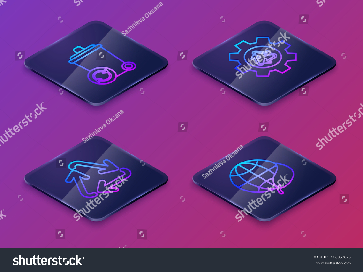 Set Isometric line Recycle bin with recycle symbol, Recycle symbol, Recycle symbol and gear and Earth globe and leaf. Blue square button. Vector #1606053628
