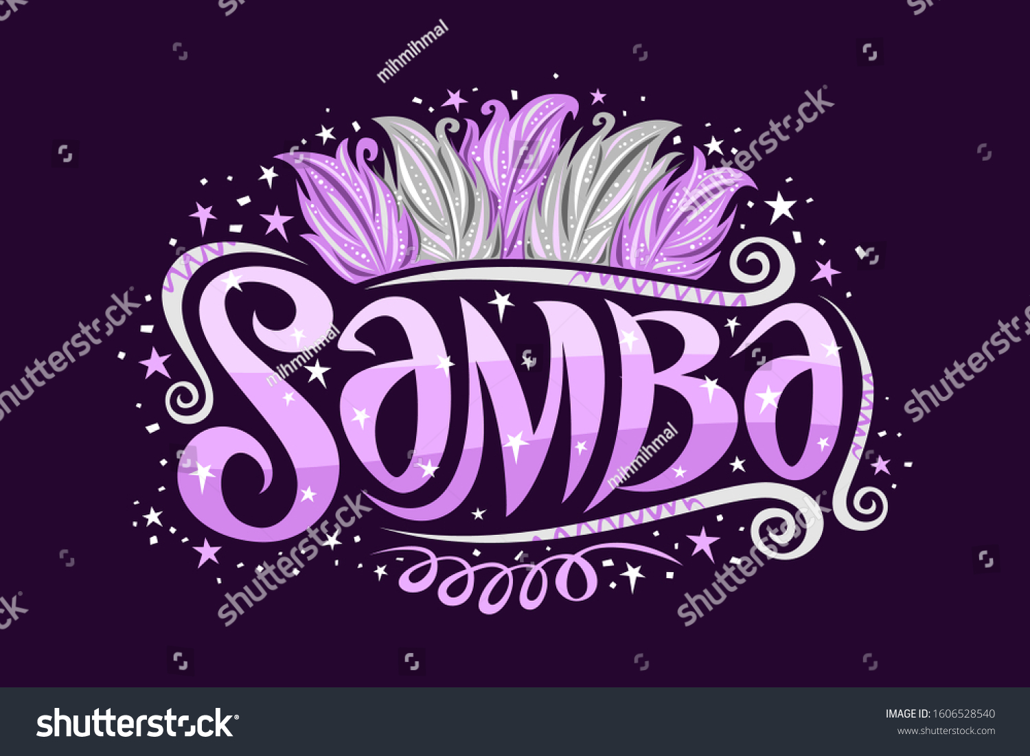 Vector logo for Brazilian Samba, decorative sign board for samba school with illustration of purple and silver bird feathers, curls and stars, original brush script for word samba on dark background. #1606528540