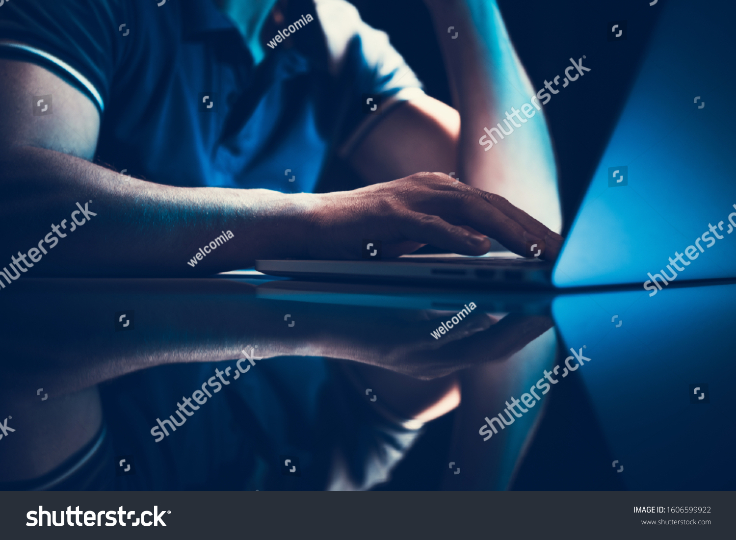 Entrepreneur Working at Night Using Laptop Computer. Browsing Online Data.  #1606599922