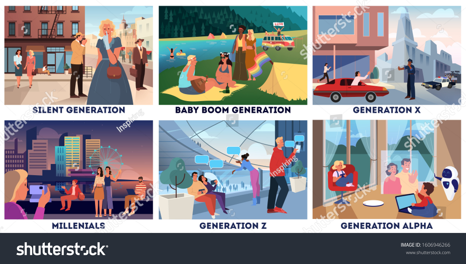 Various generations representation set. Social groups concept, generation type. Silent, boomer, x, millenial, z and alpha. Set of vector illustration #1606946266