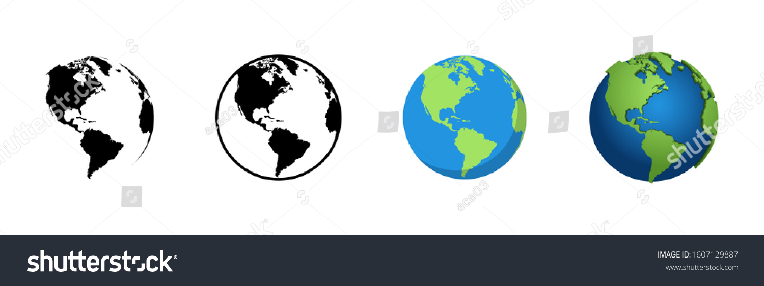 Earth Globe in different designs. World Map in circle. Earth Globes collection. World Map in modern simple styles. Earth Map, isolated on white background. Globes web icon. Vector illustration  #1607129887