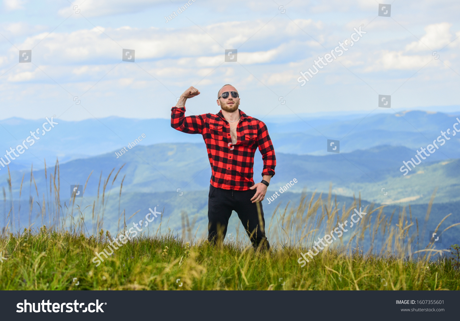 Power of nature. Man stand on top of mountain landscape background. Natural power. Masculine power. Tourist walking mountain hill. Hiking concept. Discover world. Masculinity and male energy. #1607355601