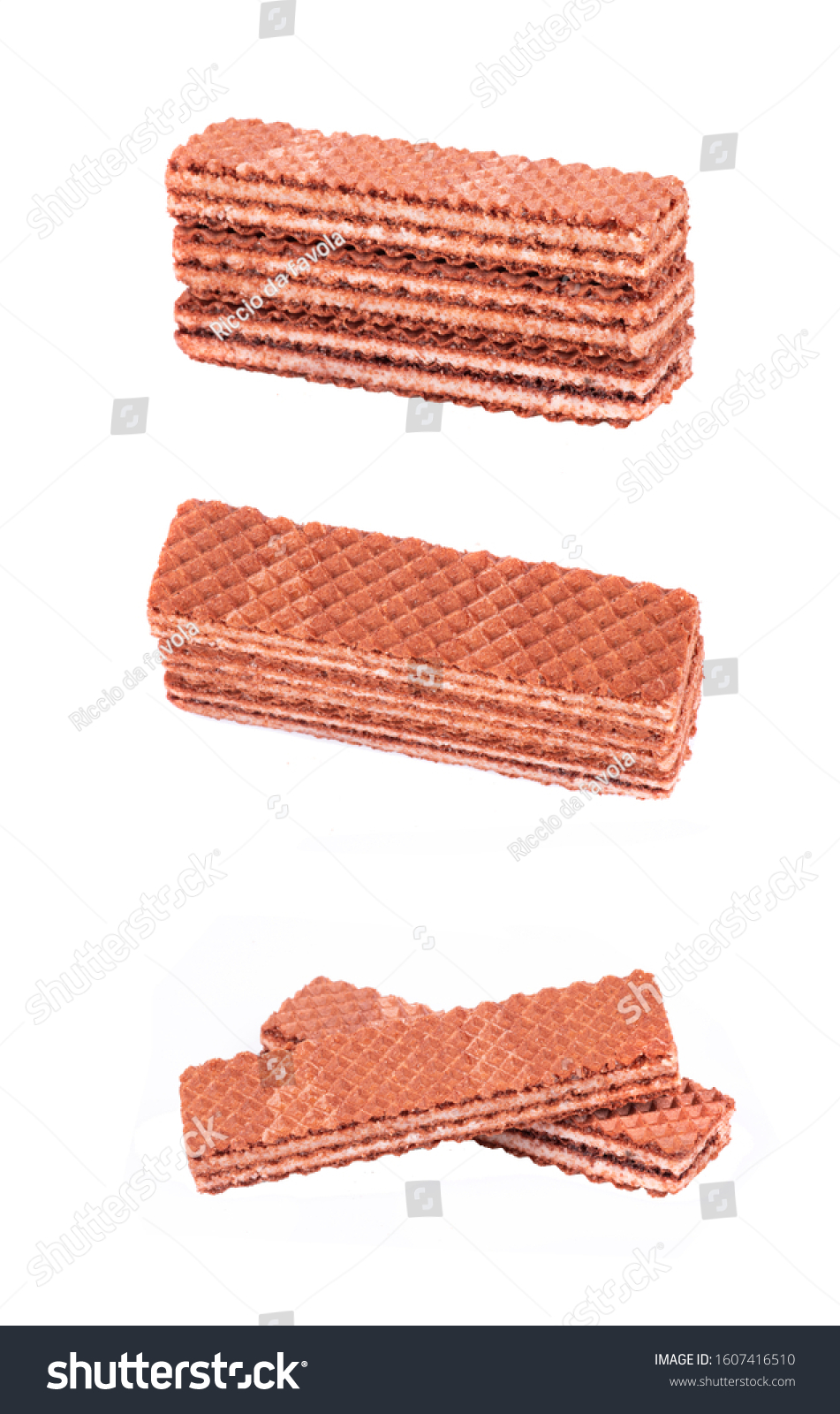 Chocolate wafers with white filling in different angles and from different angles are isolated on a white background #1607416510