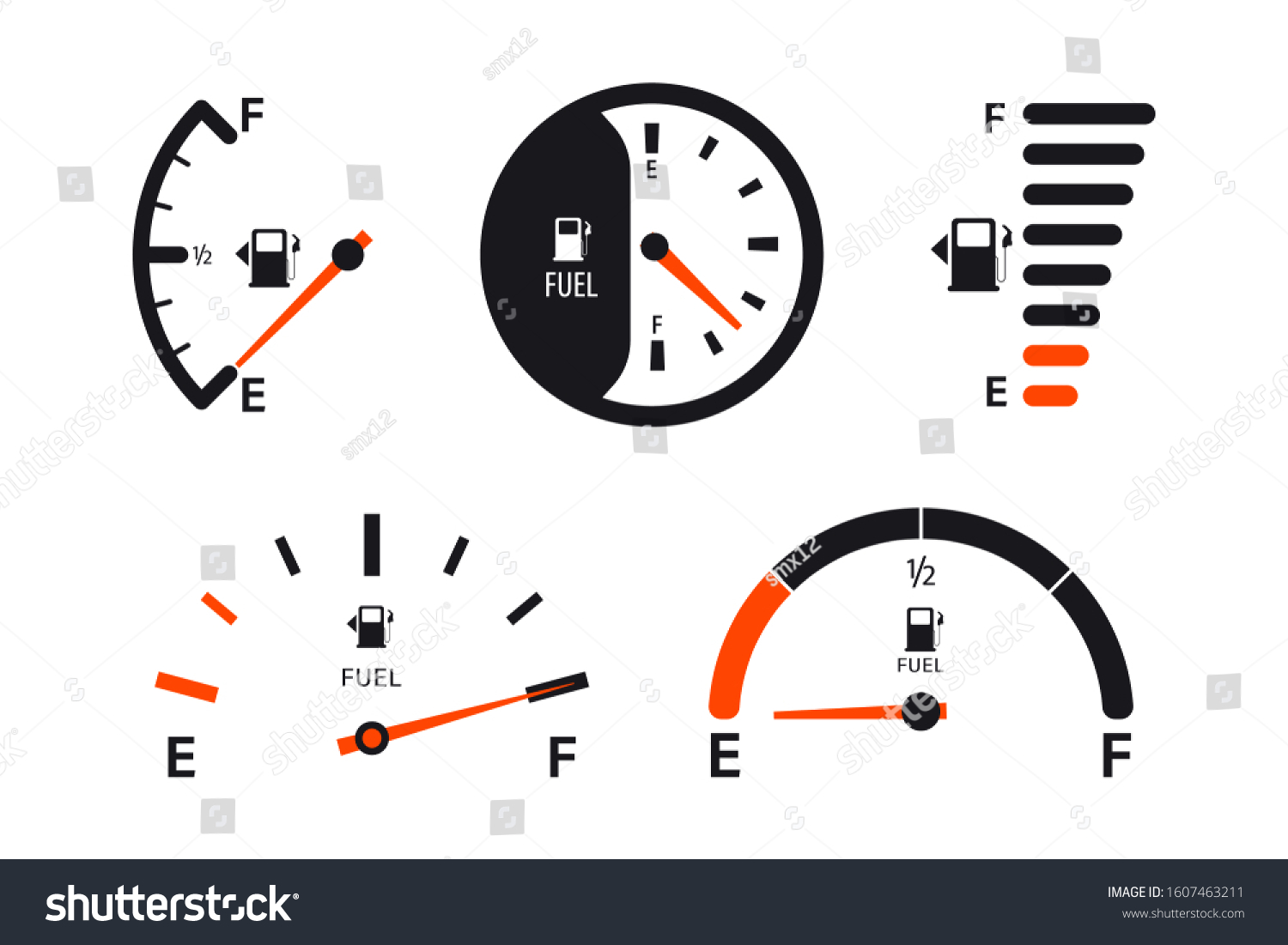 Set of Fuel gauge scales. Fuel meter. Fuel indicator.  Gas tank gauge. Oil level tank bar meter. Collection Fuel gauge speedometer on a white background #1607463211