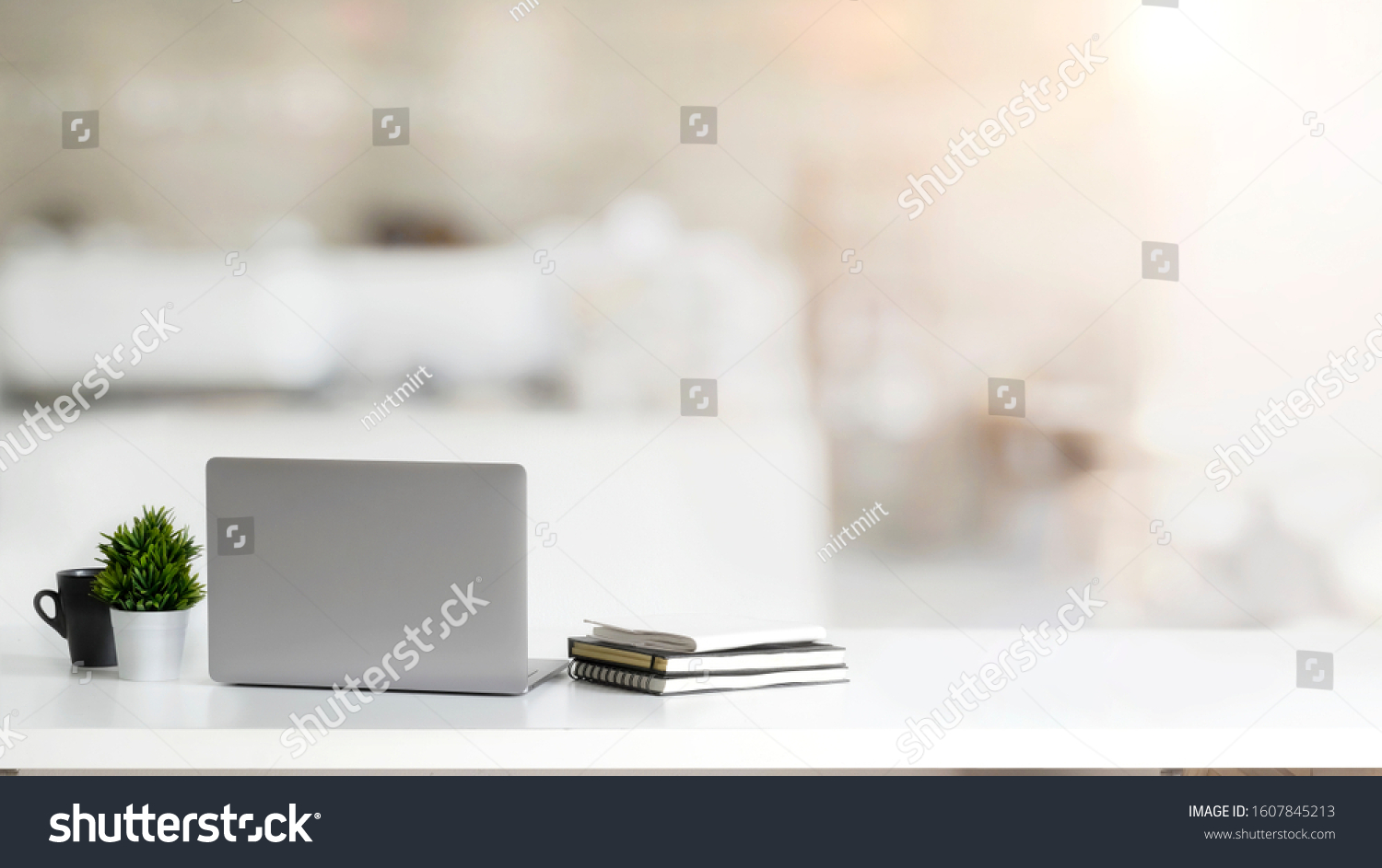 Close up view of simple workspace with laptop, notebooks, coffee cup and tree pot on white table with blurred office room background #1607845213