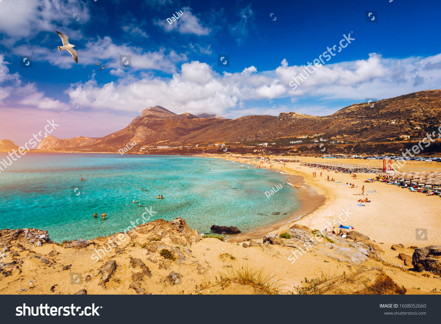 Panorama of turquoise beach Falasarna (Falassarna) in Crete with seagulls flying over, Greece. View of famous paradise sandy deep turquoise beach of Falasarna (Phalasarna), Crete island, Greece. #1608052660