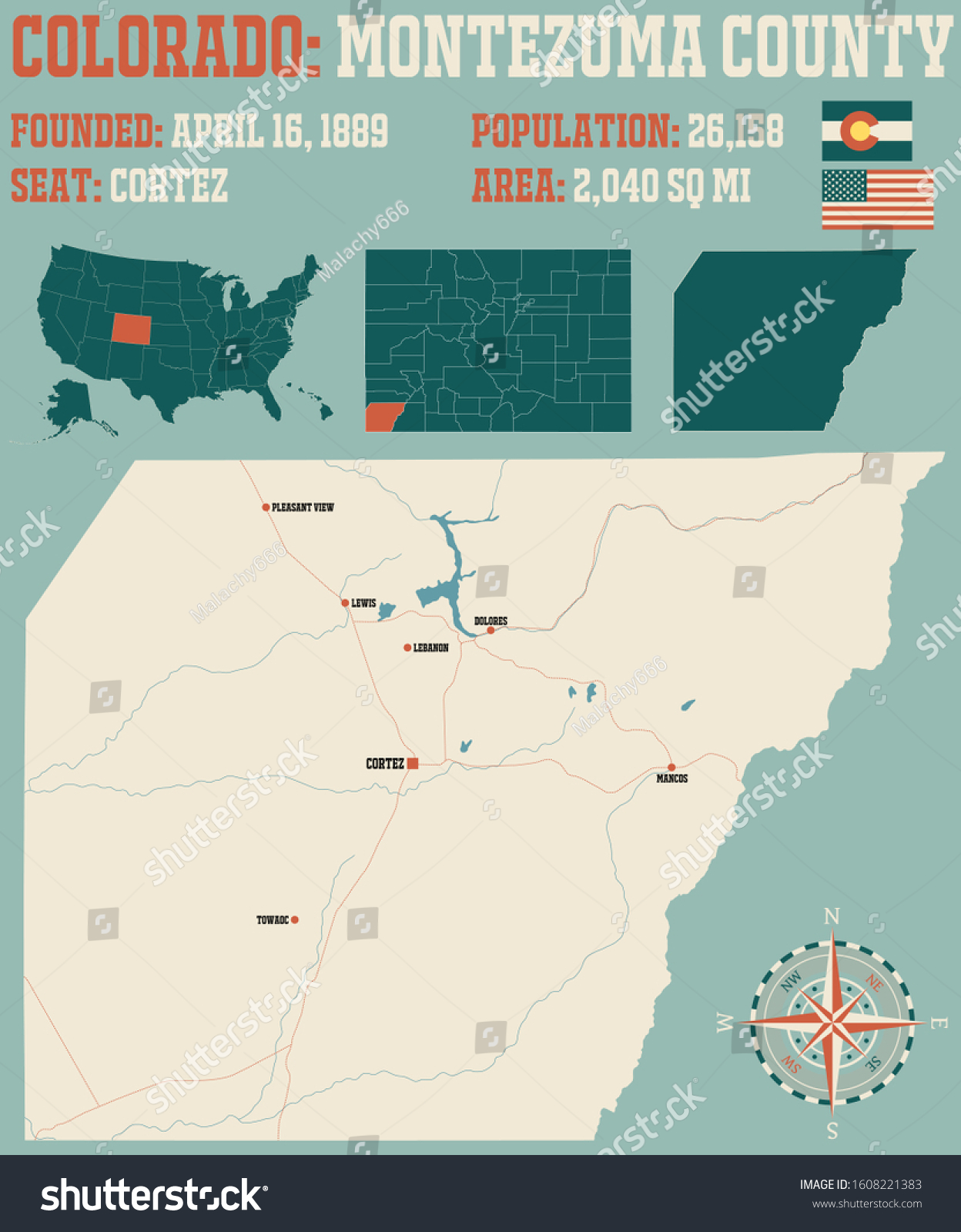 Large And Detailed Map Of Montezuma County In - Royalty Free Stock 