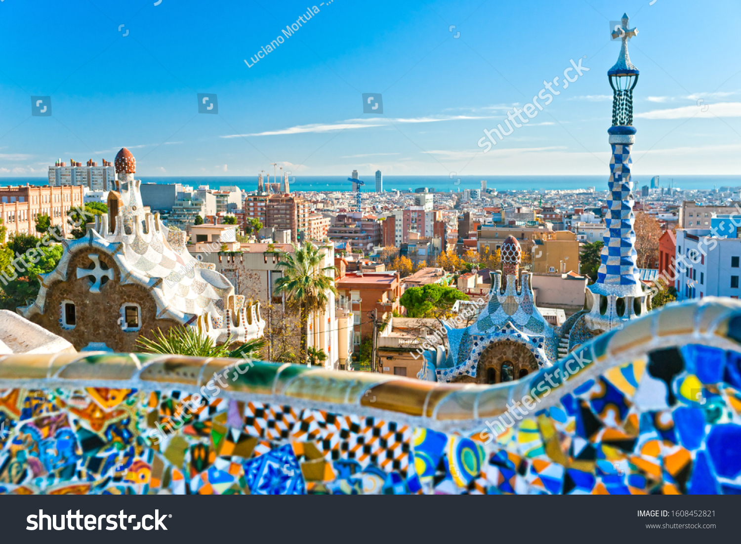 Park Guell in Barcelona, Spain. Focus on city skyline #1608452821