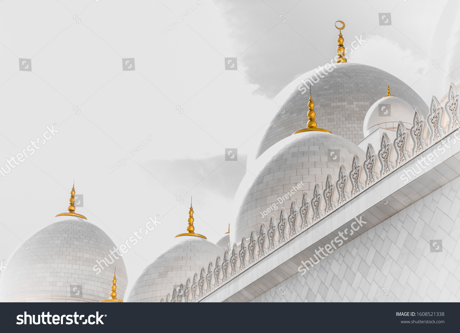 Abu Dhabi grand mosque in white with the golden howl moon on the dome and a white background, creative abstract photography  #1608521338