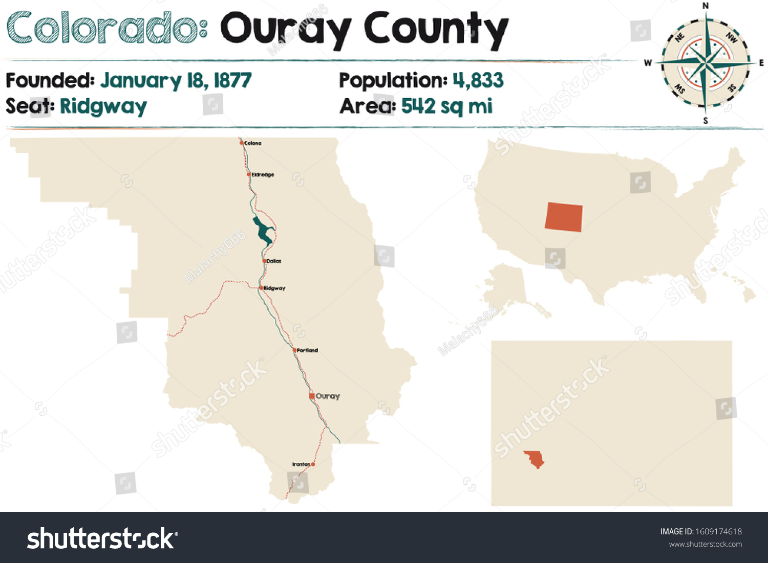 Large and detailed map of Ouray county in - Royalty Free Stock Vector ...