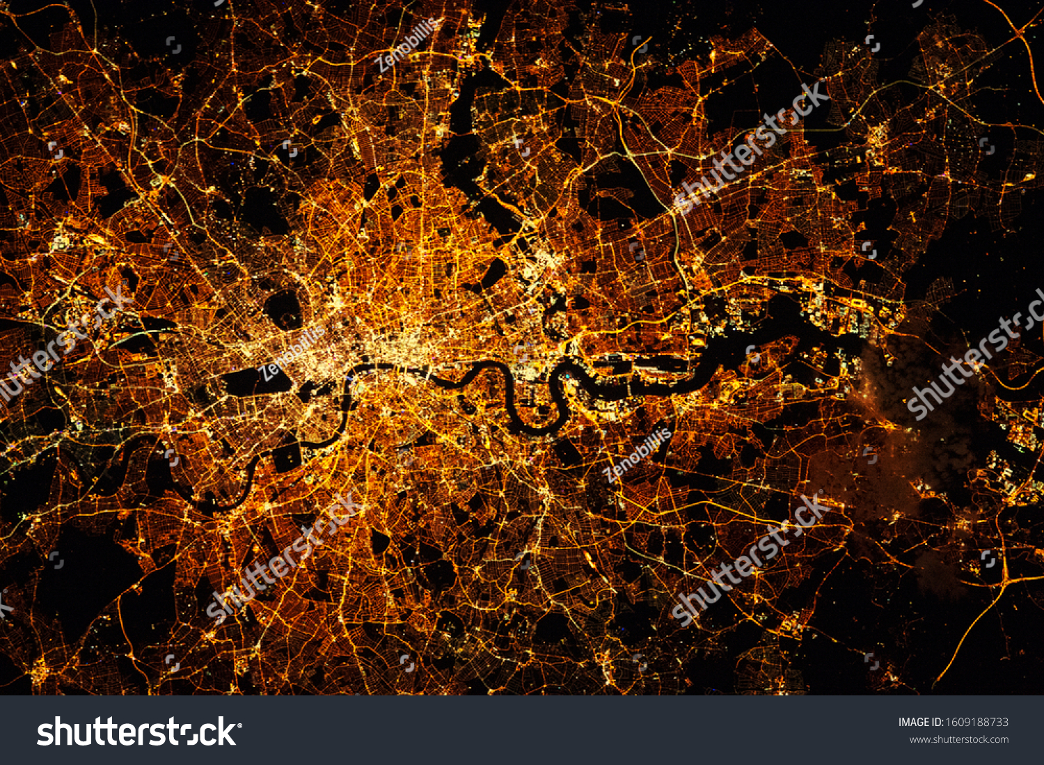 LONDON city lights map at night. Satellite view. Aerial view of London. Global communications and networking. Cyberspace in big city.  Mixed media #1609188733