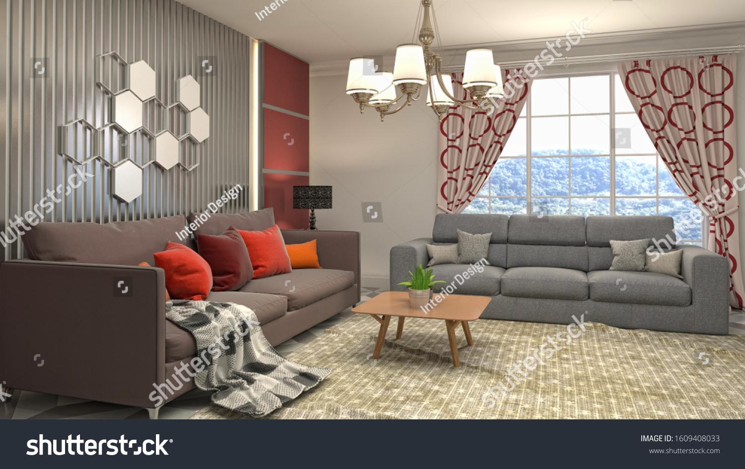 Interior of the living room. 3D illustration. #1609408033