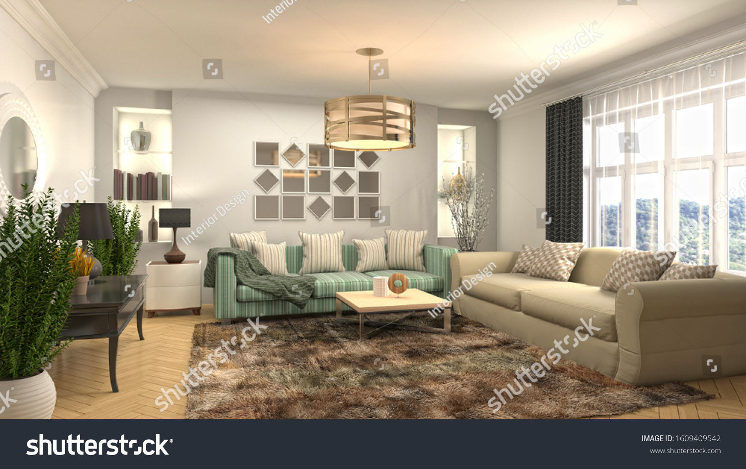 Interior of the living room. 3D illustration. #1609409542