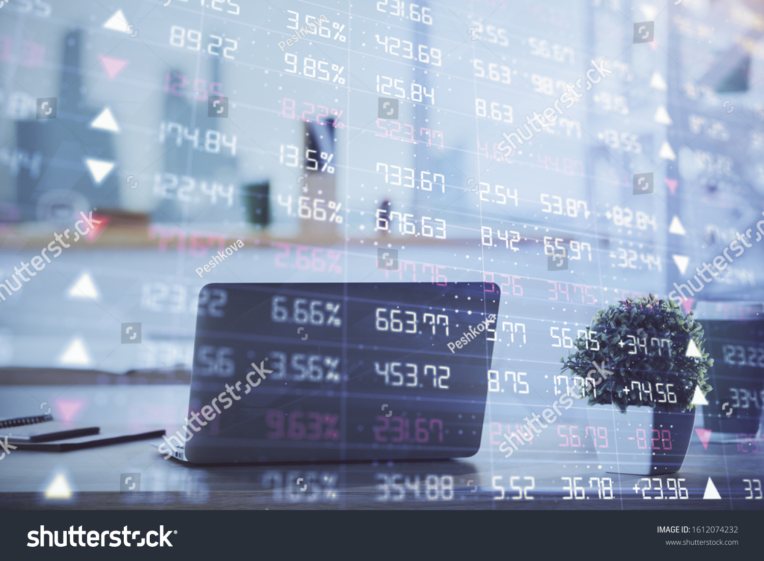 Stock market graph on background with desk and personal computer. Double exposure. Concept of financial analysis. #1612074232