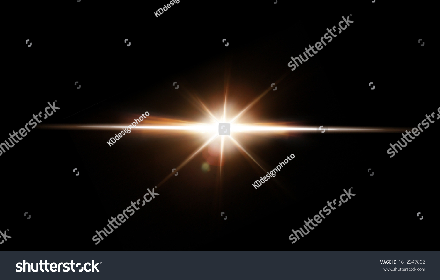 Lens Flare. Light over black background. Easy to add overlay or screen filter over photos. Abstract sun burst with digital lens flare background. Gleams rounded and hexagonal shapes. #1612347892