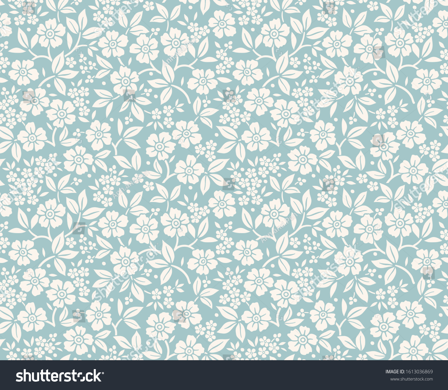 Floral pattern. Pretty flowers on gray blue background. Printing with small white flowers. Ditsy print. Seamless vector texture. Spring bouquet.