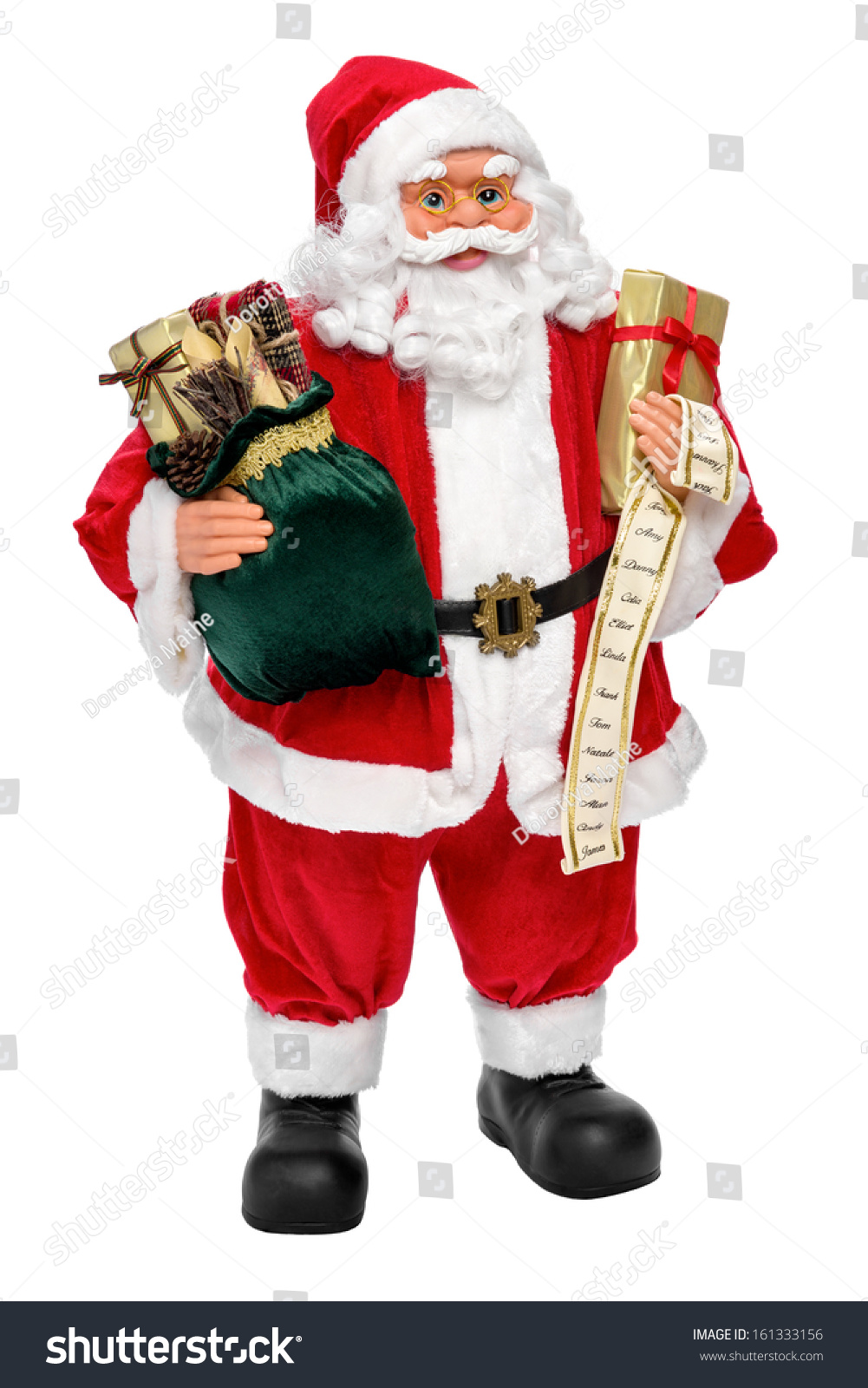 Santa Claus doll with presents and name list, isolated on white background #161333156