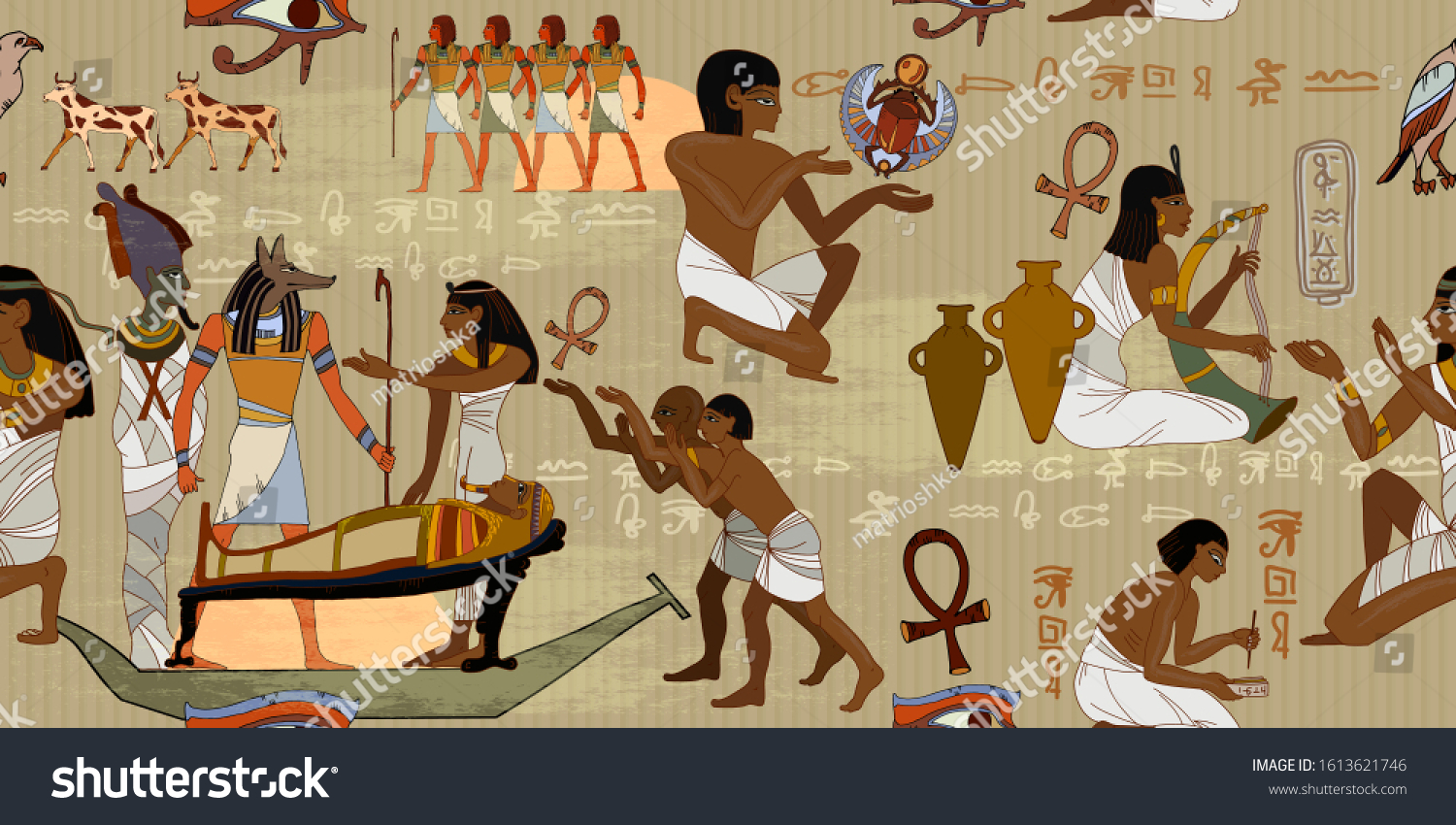Ancient Egypt frescoes. Horizontal seamless pattern. Life of egyptians. Agriculture, workmanship, farm. History art  #1613621746