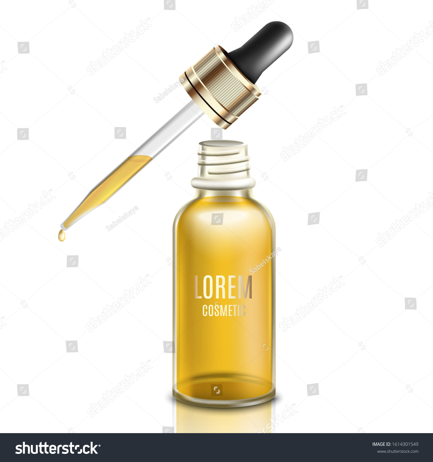 Glass dropper with golden yellow face oil or serum - realistic mockup of liquid beauty product with gold label text template. Isolated vector illustration. #1614301549