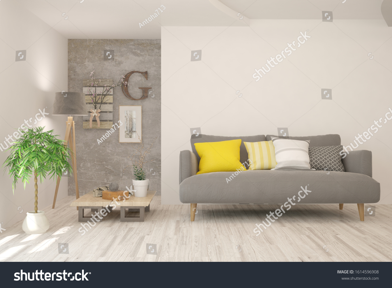 Stylish room in white color with sofa. Scandinavian interior design. 3D illustration #1614596908
