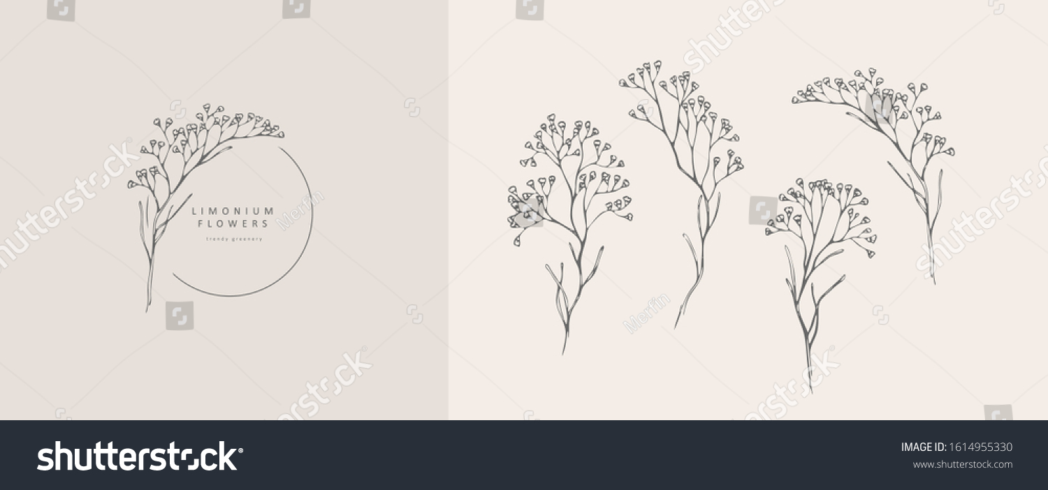 Limonium, babys breath logo and branch. Hand drawn wedding herb, plant and monogram with elegant leaves for invitation save the date card design. Botanical rustic trendy greenery vector illustration #1614955330