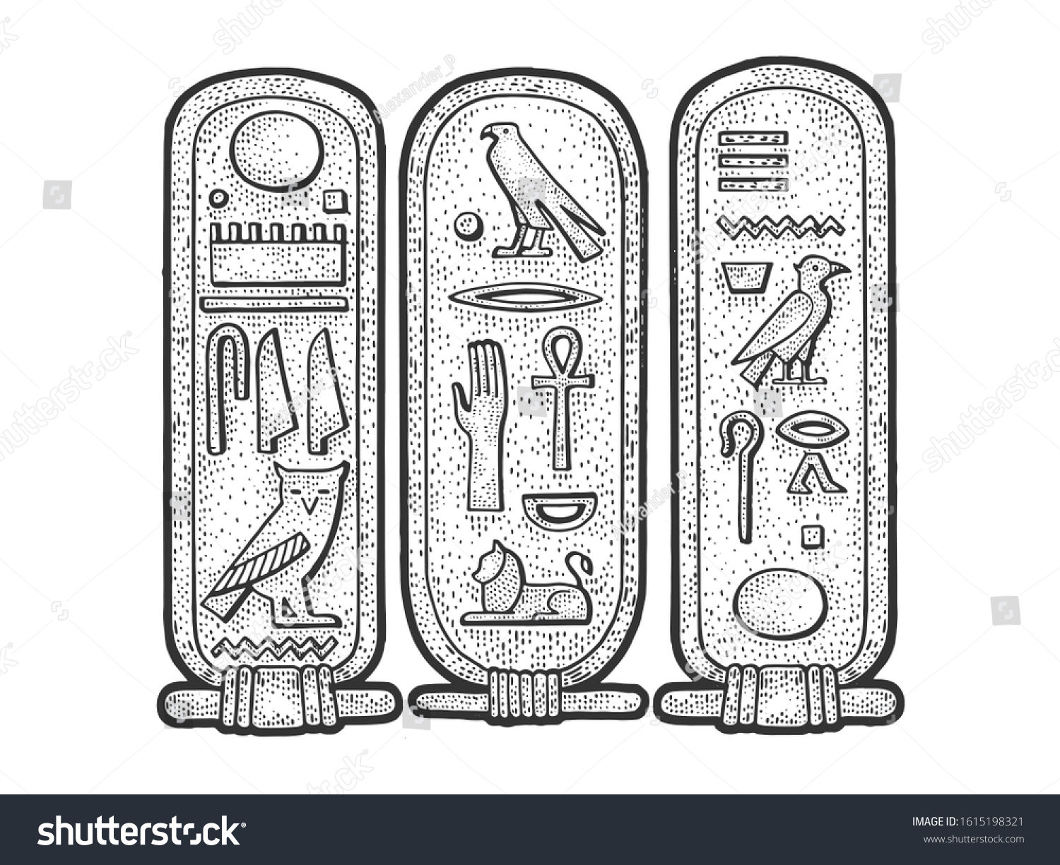 Ancient Egyptian Cartouche sketch engraving vector illustration. T-shirt apparel print design. Scratch board imitation. Black and white hand drawn image. #1615198321