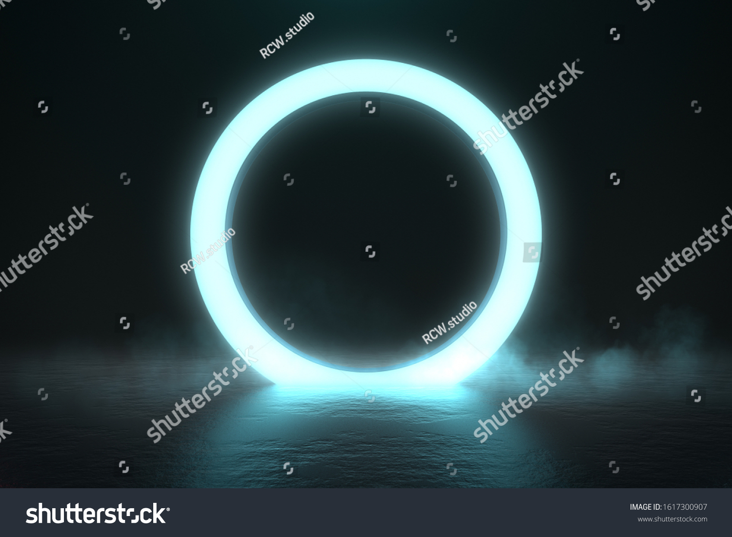 Circle neon light in black hall room, futuristic concept, Abstract geometric background, Product display, Scene, 3D Rendering. #1617300907
