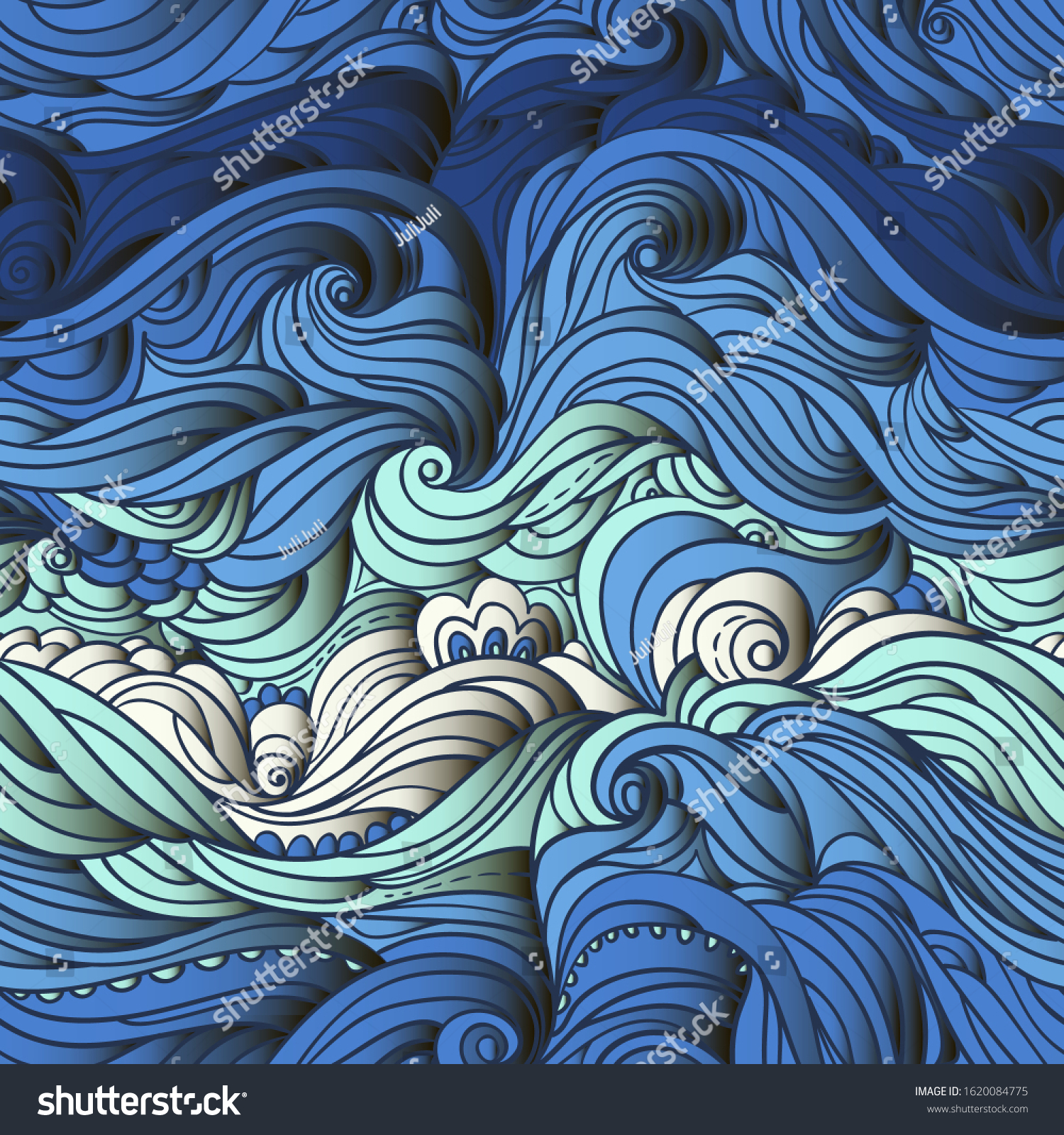Seamless marine pattern. Abstract water background with curly hand-drawn lines. Blue waves and tides vector backdrop. Sea and ocean theme. Eps 10 #1620084775
