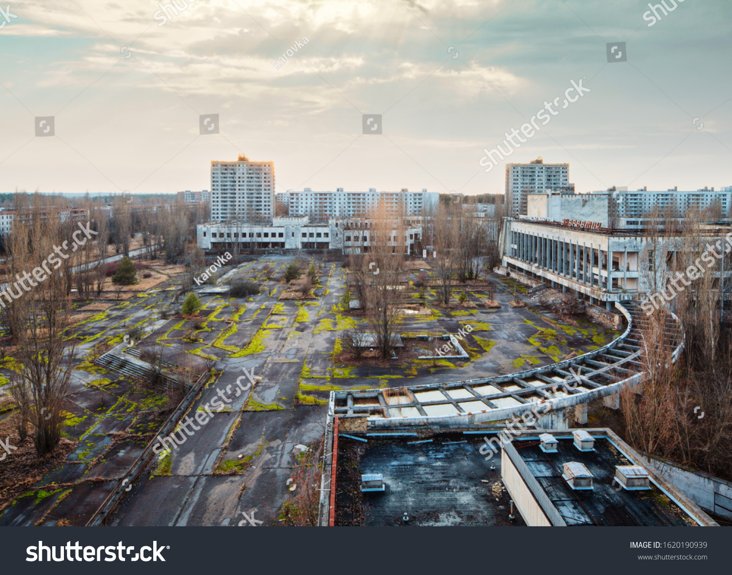 Pripyat, Ukraine - August, 2017: View to the central square of abandoned town Pripyat. #1620190939