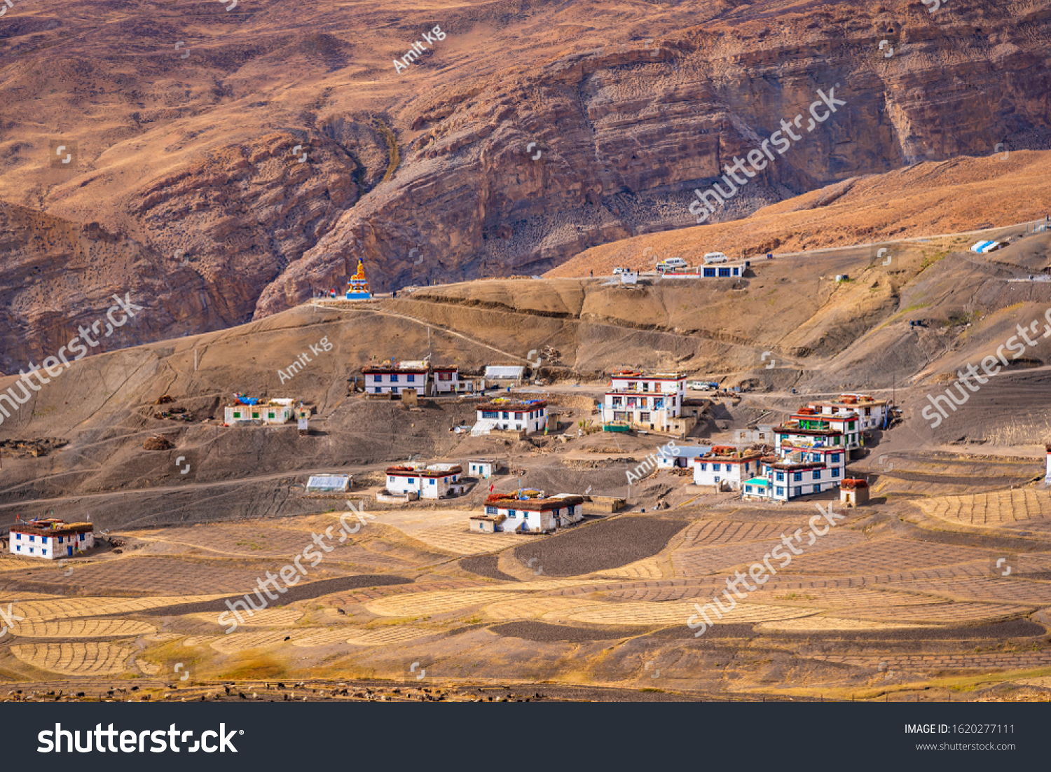 Panoramic view of Langza village in the cold desert valley of Spiti in the Himalayas of Himachal Pradesh, India. It is famous for fossils of marine animals  which are in Tethys sea millions year ago. #1620277111