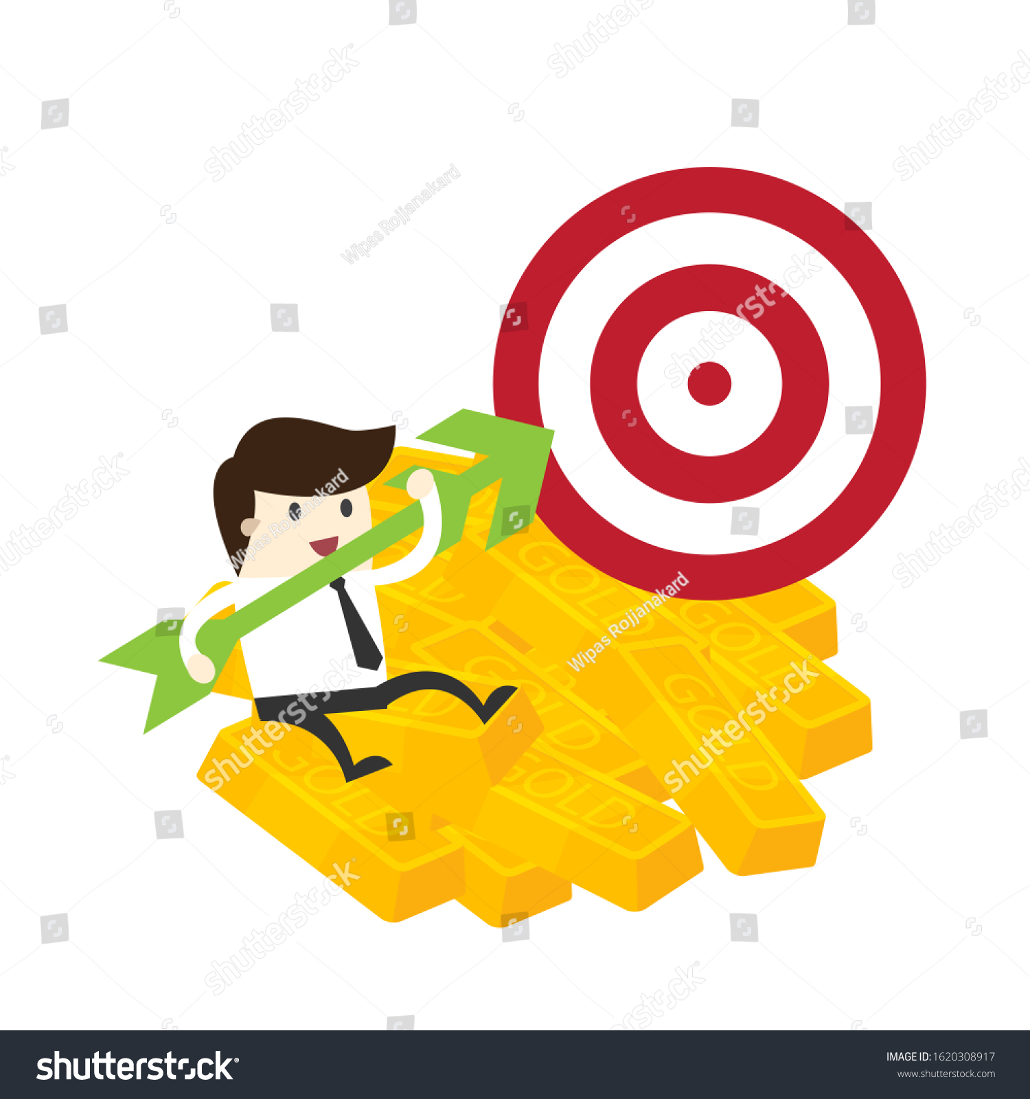 Businessman Sit On Gold Bar Aim Arrow To Target Royalty Free Stock