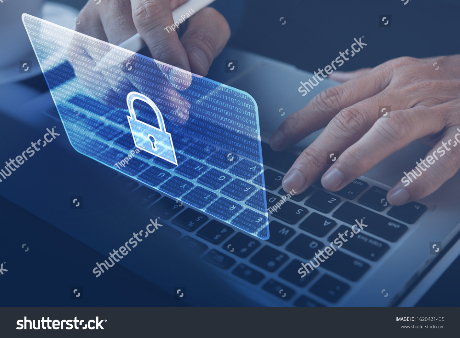 Cyber Security Protection Firewall Interface Concept. Software technology development, digital crime. Man working on laptop computer, antivirus alert, malware detected, Hacker hacking business data #1620421435